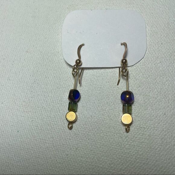 Gold tone earrings with blue and green Czech glass beads - Picture 3 of 7